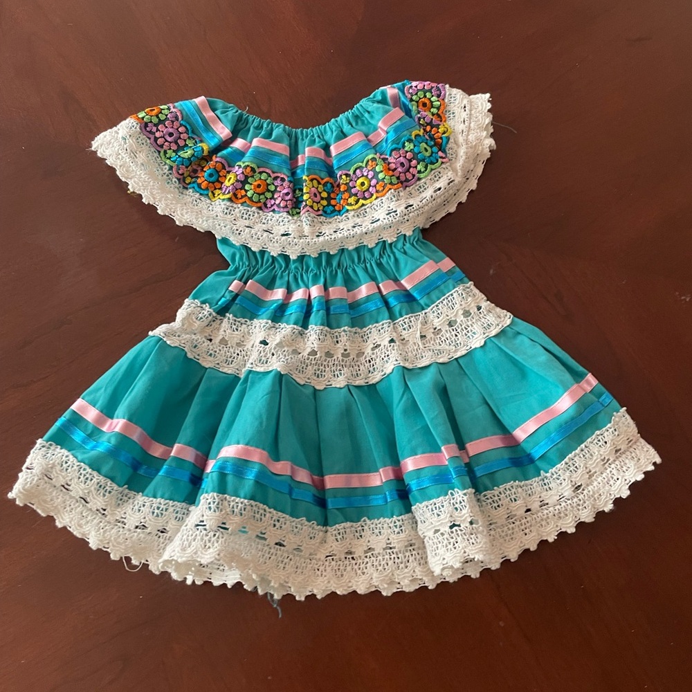 Floral Embroidered Toddler Mexican Casual Dress, Teal & Pink